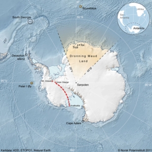 Kart over Antarktis med rute fra Union Glacier til Hvalbukta