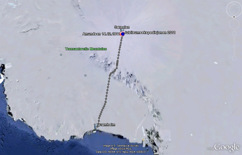 Kart over Antarktis med Amundsens ekspedisjonsrute og posisjoner 14. desember
